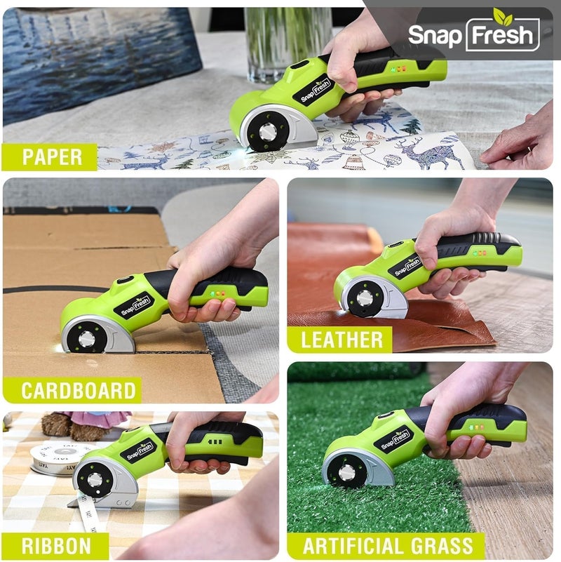 SnapFresh 4V Cordless Electric Scissors-Rechargeable Rotary Box Cutter w/ 2.0Ah Battery, 2 Self-Sharpening Blades, LED Light & Safety Lock,Carpet Cutter Tool for Cardboard, Fabric, Leather, Plastic - Image 4